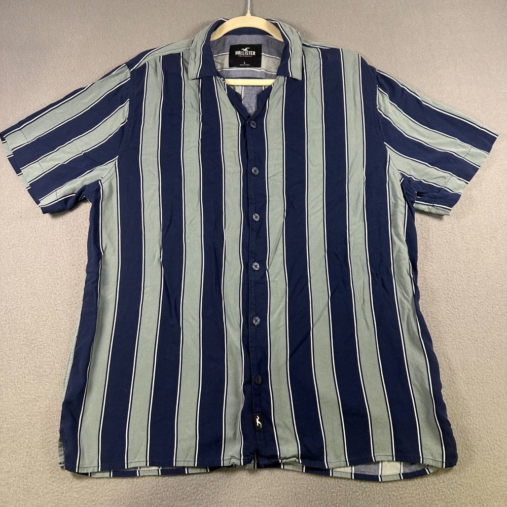 Hollister Mens Large Navy Green Striped Viscose Short Sleeve Button Up Shirt